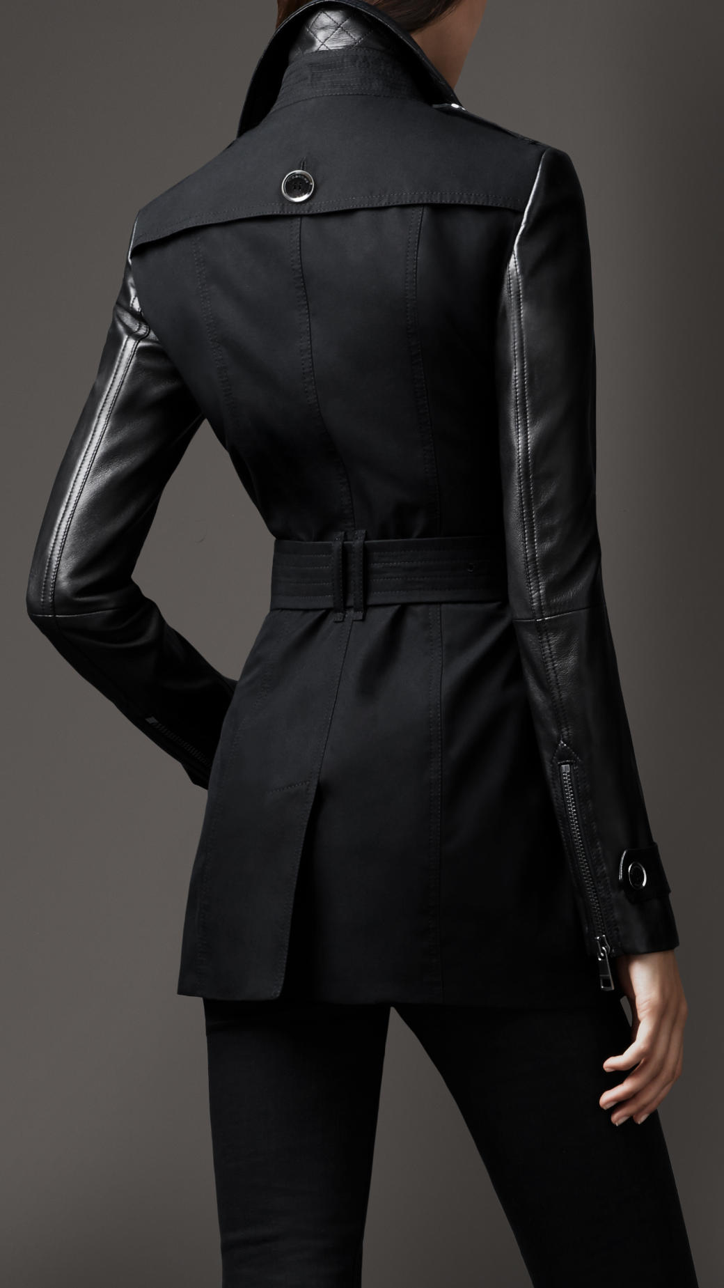 Lyst - Burberry Short Leather Detail Cotton Biker Trench Coat in Black