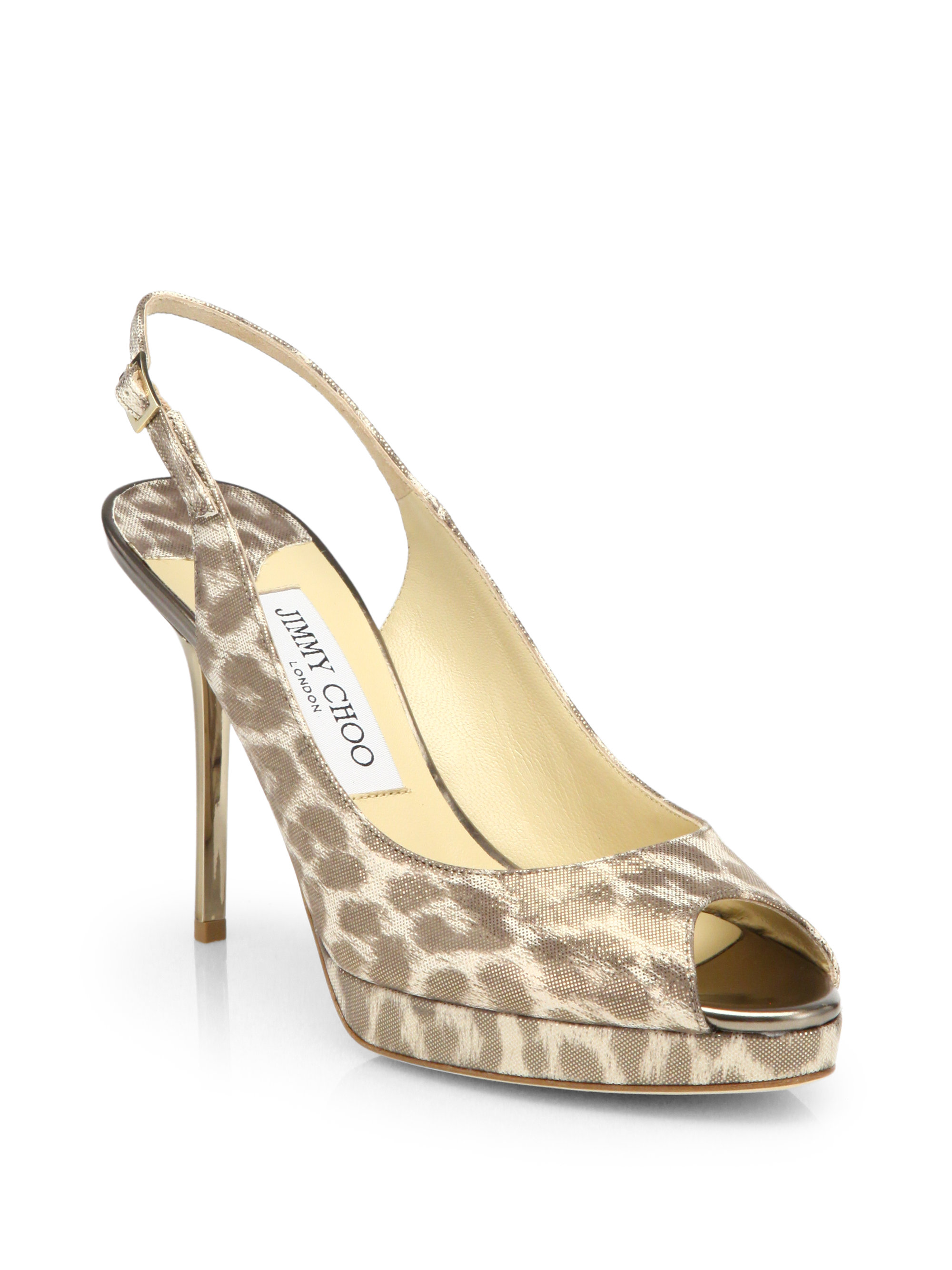 jimmy Choo Black And Tan Leopard Printed Patent Leather Peep Toes ...