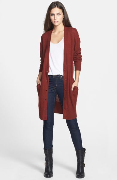 Leith Long Knit Cotton Blend Cardigan in Red (Red Fire) | Lyst
