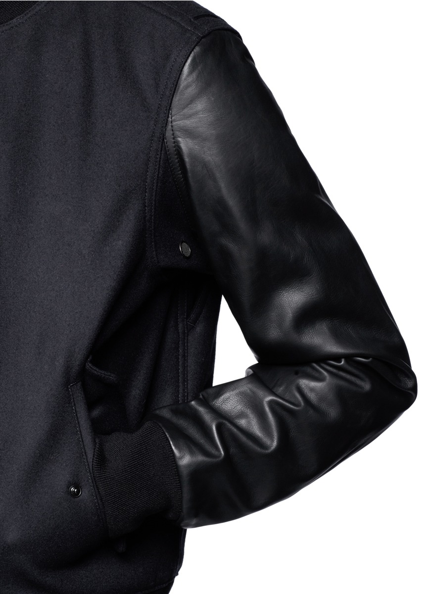 Rag Bone Leather Sleeve Wool Blend Baseball Jacket In Blue For Gallery