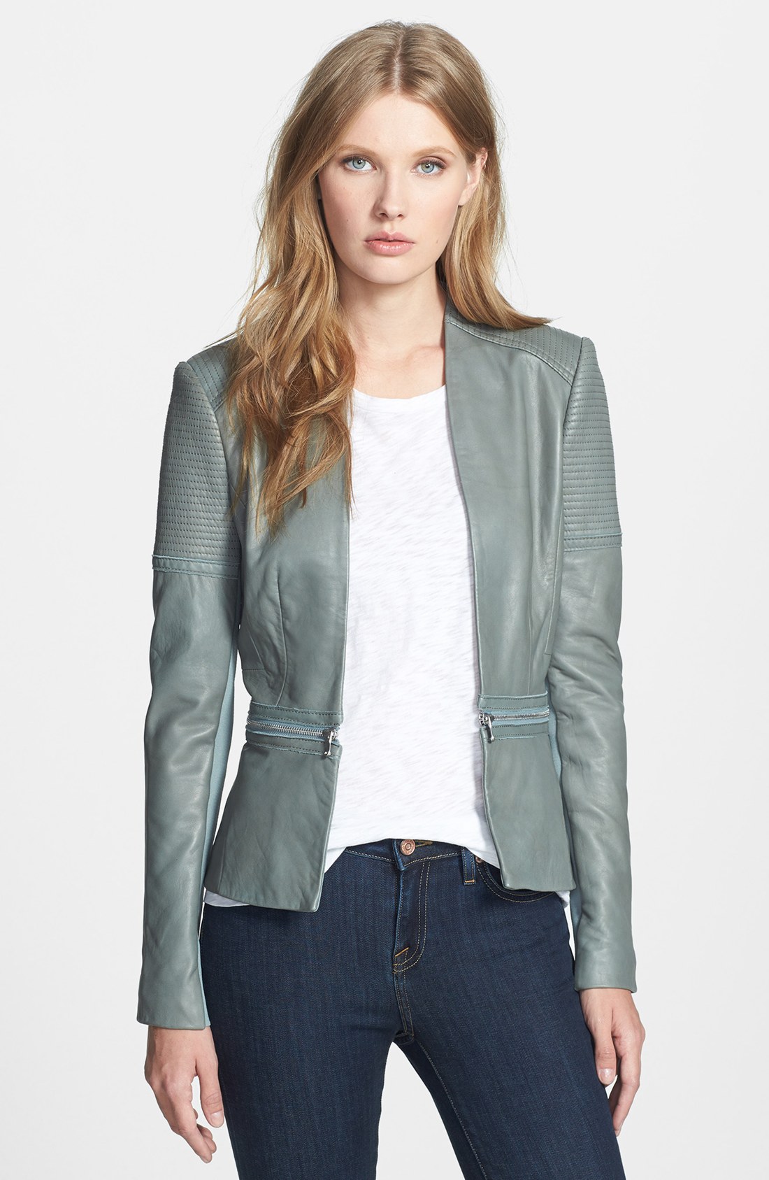 Rebecca Taylor Seamed Peplum Leather Jacket in Green (Sage) | Lyst