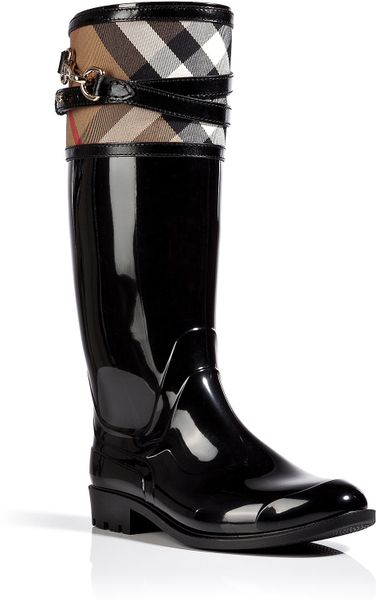 Burberry Rubber Boots with Check Trim in Black | Lyst