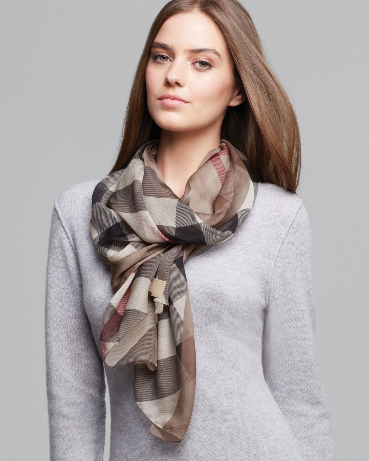 Burberry Colorblock Check Silk Chiffon Scarf in Gray Lyst