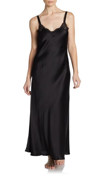 Donna Karan New York Lace Trimmed Silk Nightgown in Black | Lyst