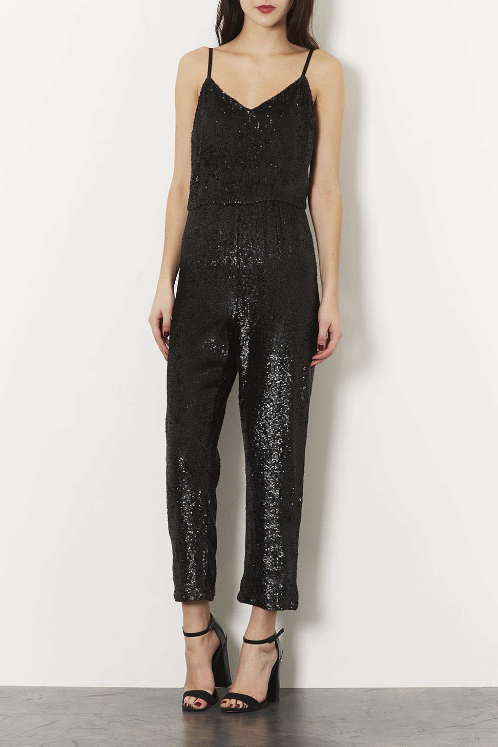 Lyst - TOPSHOP Sequin Strappy Jumpsuit in Black