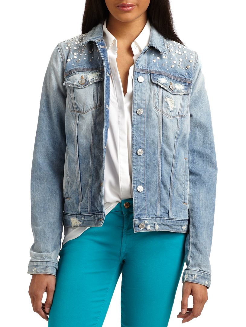 7 For All Mankind Embellished Denim Jacket in Blue (light destroyed) | Lyst