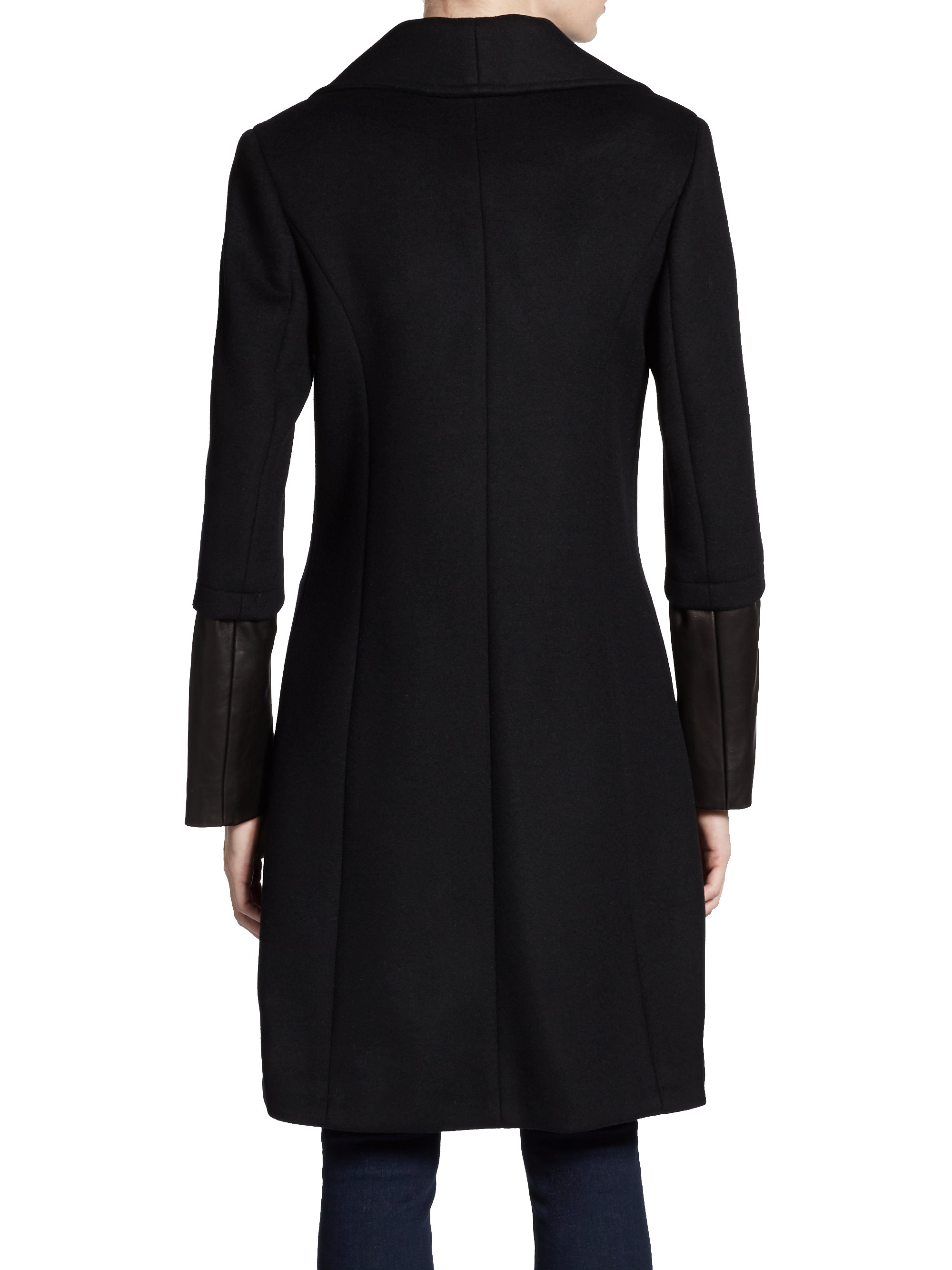 Lyst - Elie Tahari Carlotta Leather Sleeve Swing Coat in Black