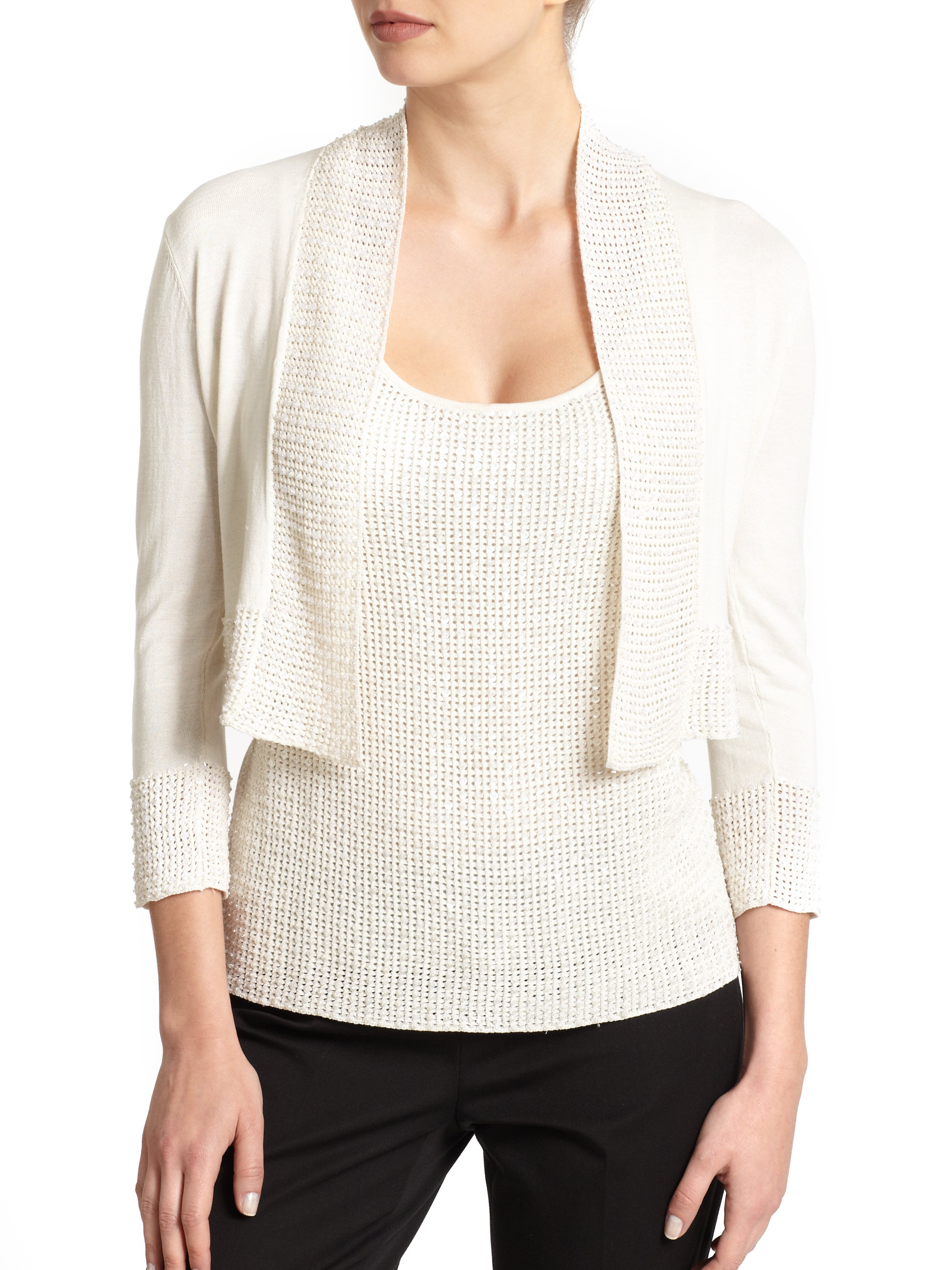 Josie Natori Cropped Knit Sequin Trim Cardigan in Beige (CREAM) | Lyst