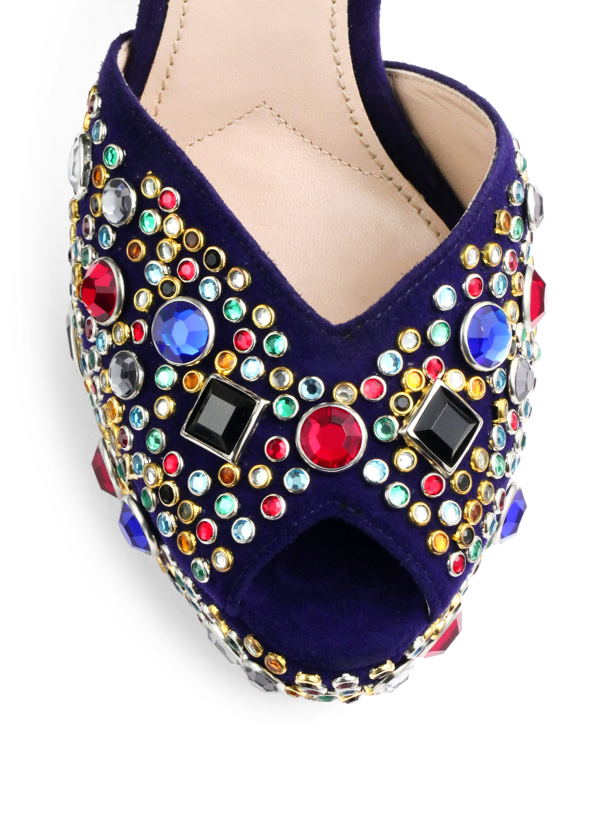 Miu miu Donna Jeweled Suede Platform Sandals in Blue | Lyst
