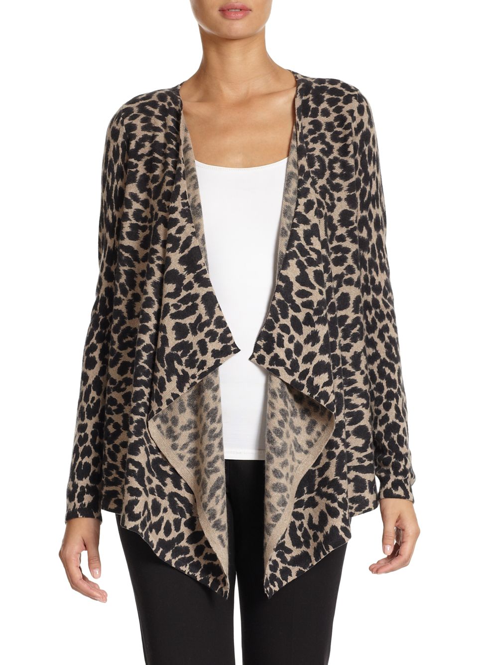 Saks fifth avenue black label Cashmere Leopard Print Openfront Cardigan ...