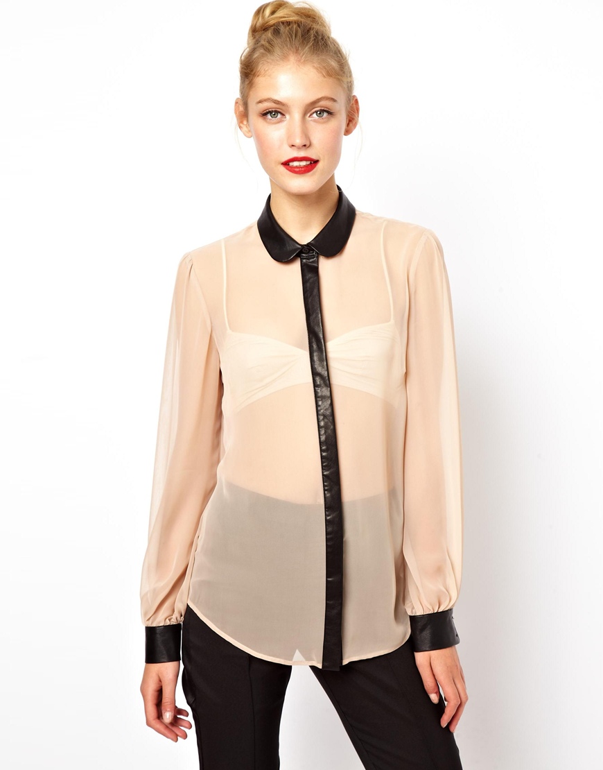 Lyst - Asos Blouse With Leather Look Collar And Cuff in Natural