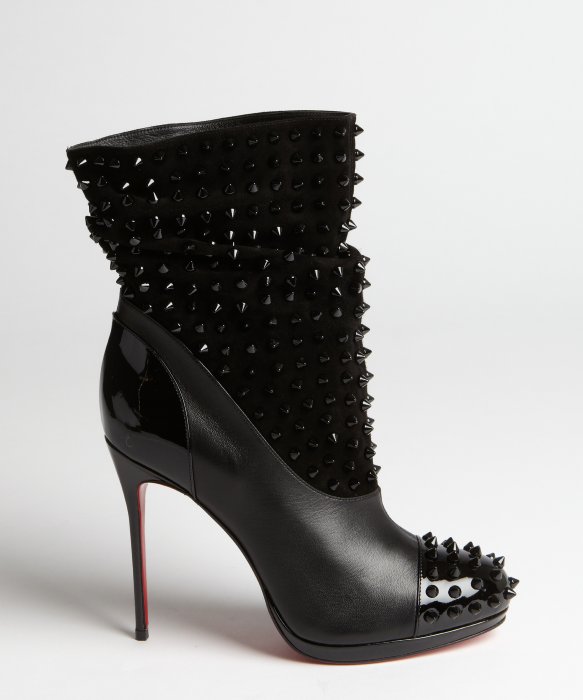 christian louboutin Spike booties Black leather covered heels ...  