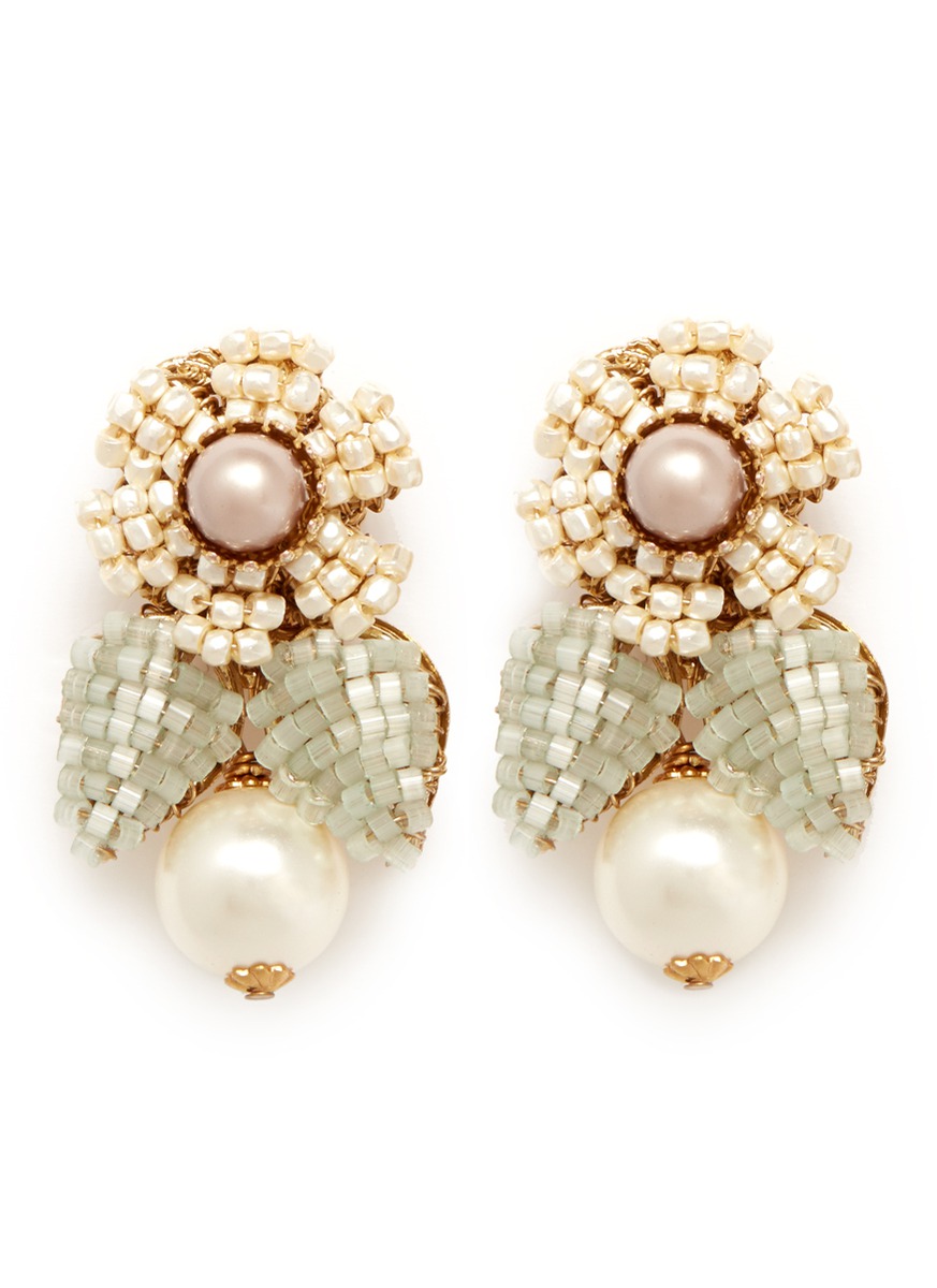 Miriam Haskell Beaded Flower Pearl Drop Earrings in White (Multi-colour ...