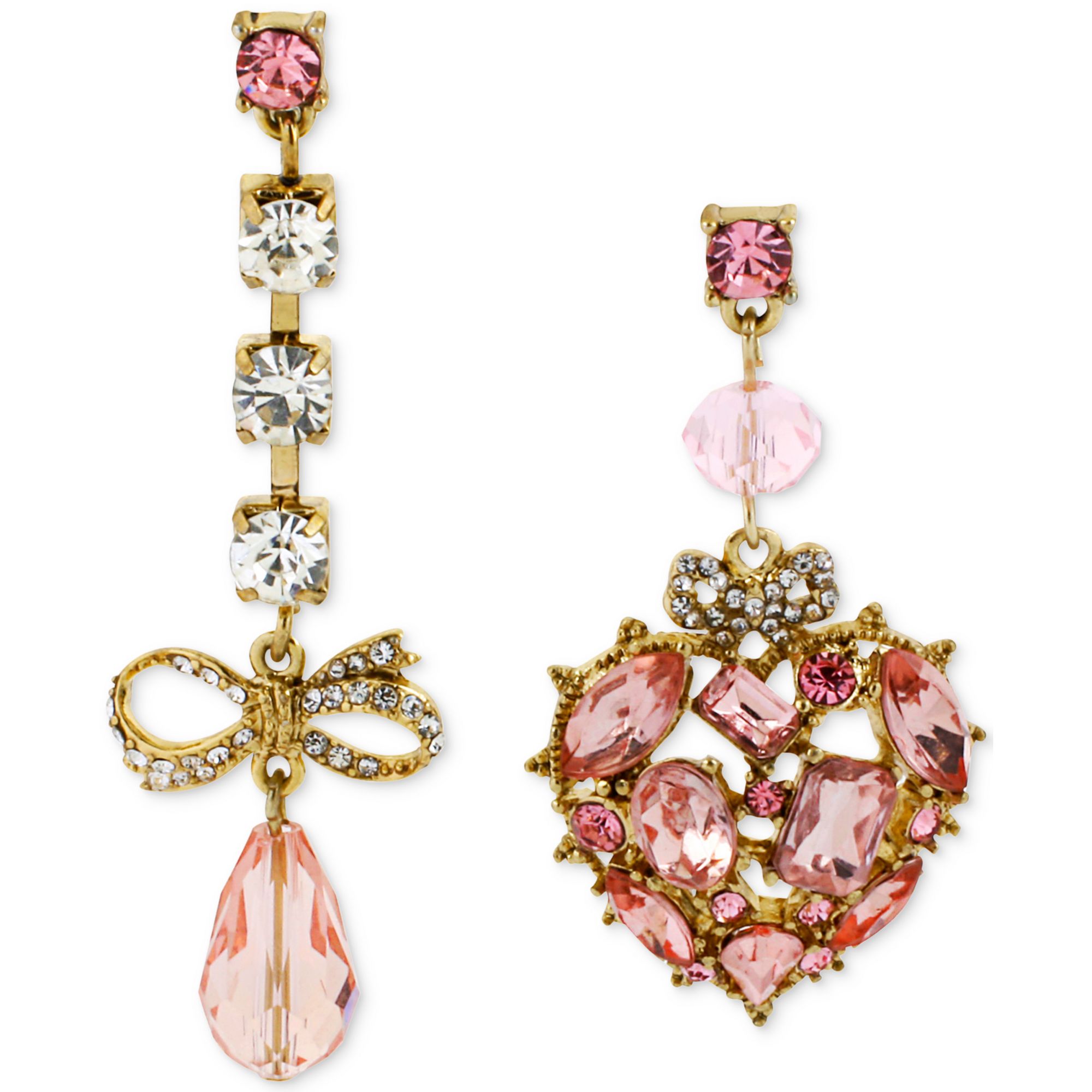 Betsey Johnson Crystal Gem Heart Teardrop Mismatch Earrings in Pink (No ...