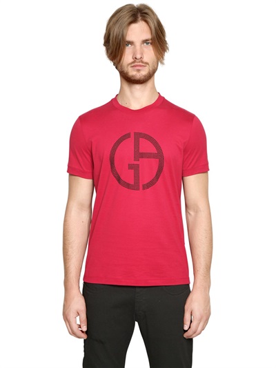 Lyst - Giorgio Armani Studded Logo Cotton Jersey T-shirt in Red for Men
