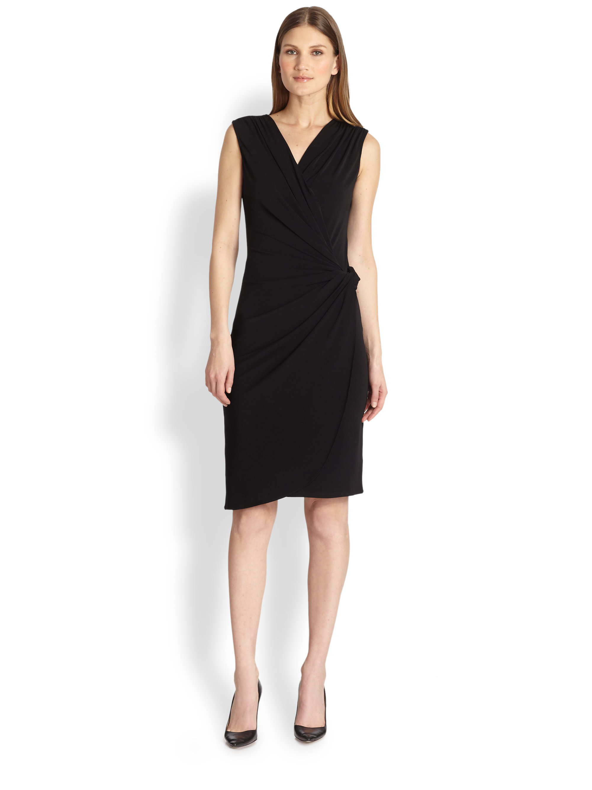 Josie Natori Sleeveless Surplice Dress in Black | Lyst