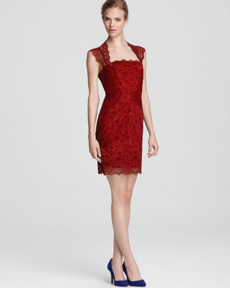Nicole Miller Dress Stretch Lace Short Open Back in Red | Lyst