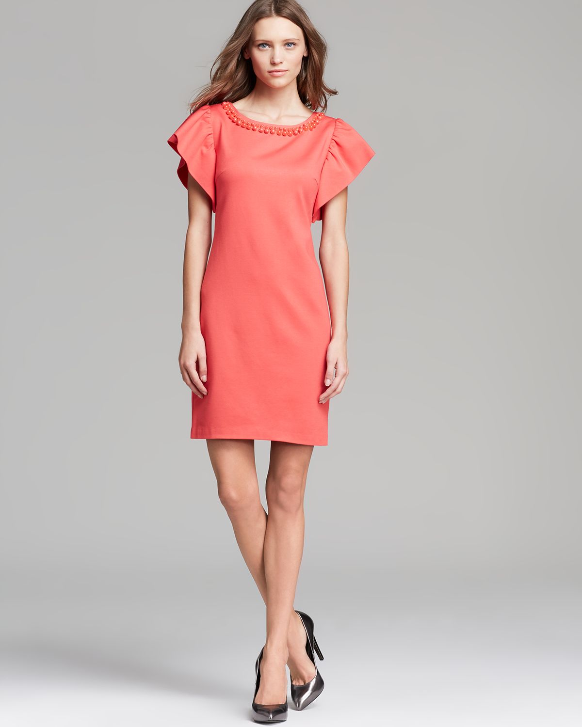Lyst Trina Turk Dress Odele Ruffle Sleeve In Orange Gallery