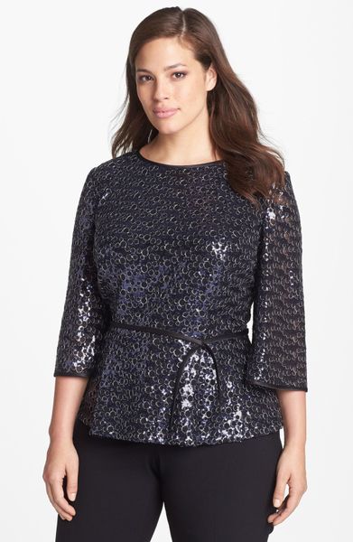 Alex Evenings Sequin Blouse with Satin Tie in Blue (Navy) | Lyst