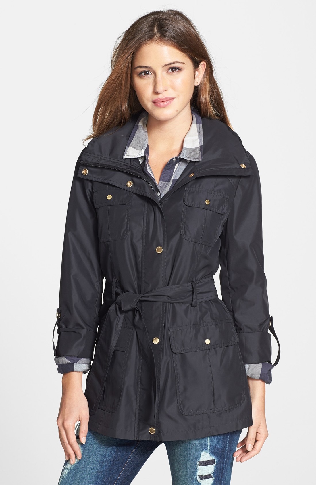 Ellen Tracy Belted Utility Trench Jacket in Black | Lyst