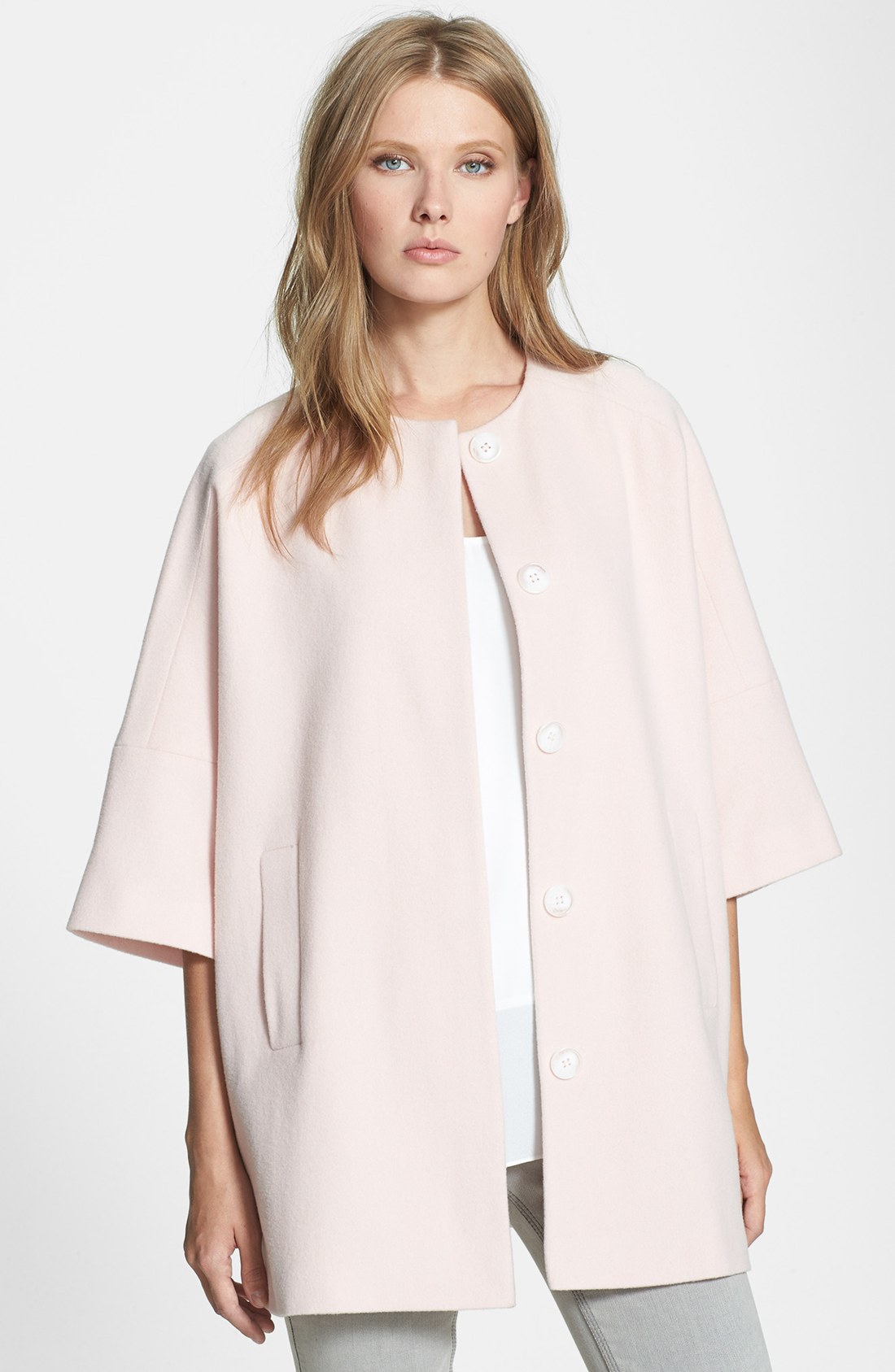 Helene Berman Collarless Wool Blend Coat in Pink (Pale Pink) | Lyst