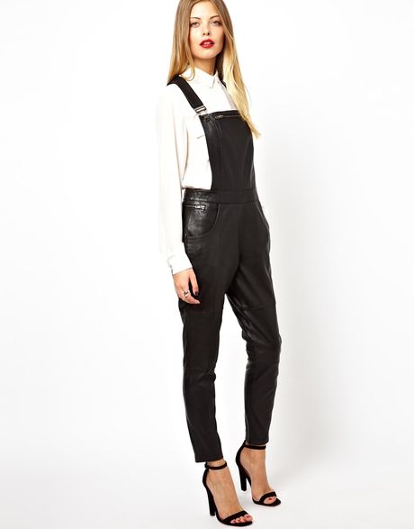 Asos Leather Dungarees in Black | Lyst