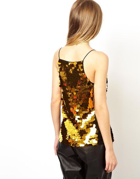 Asos Cami Top In Disc Sequins With Mesh Panels in Gold | Lyst
