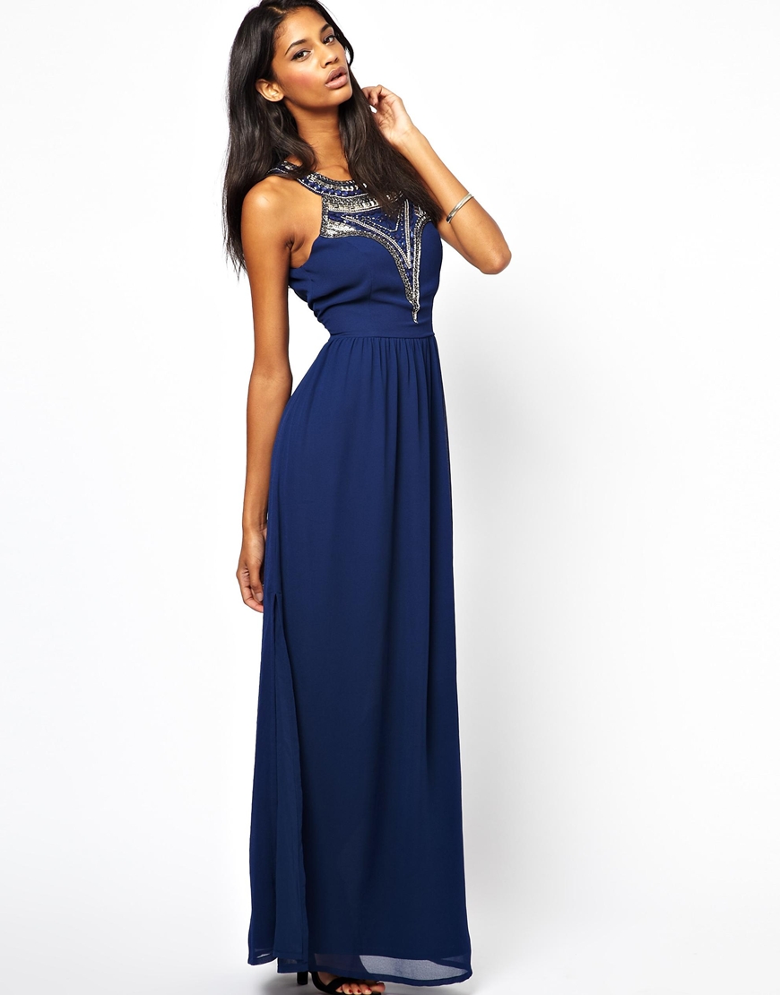 Lyst - Lipsy Maxi Dress with Beaded Neck in Blue