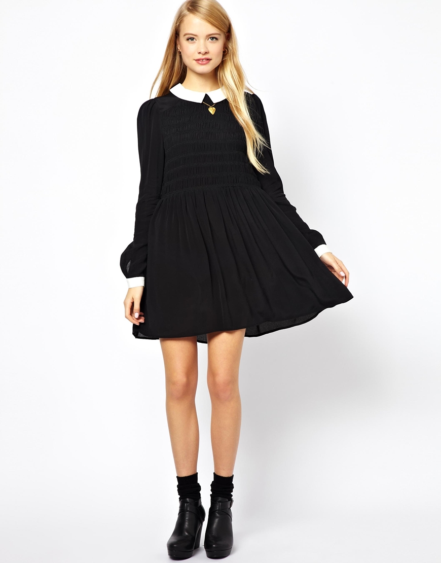 Lyst - Asos Smock Dress With Contrast Collar in Black
