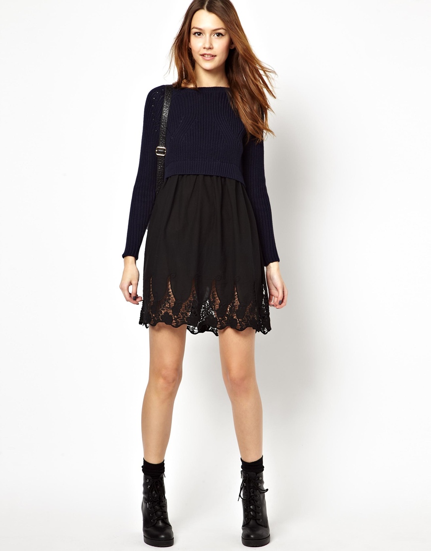 Asos Chunky Jumper Dress with Lace Skirt in Blue | Lyst
