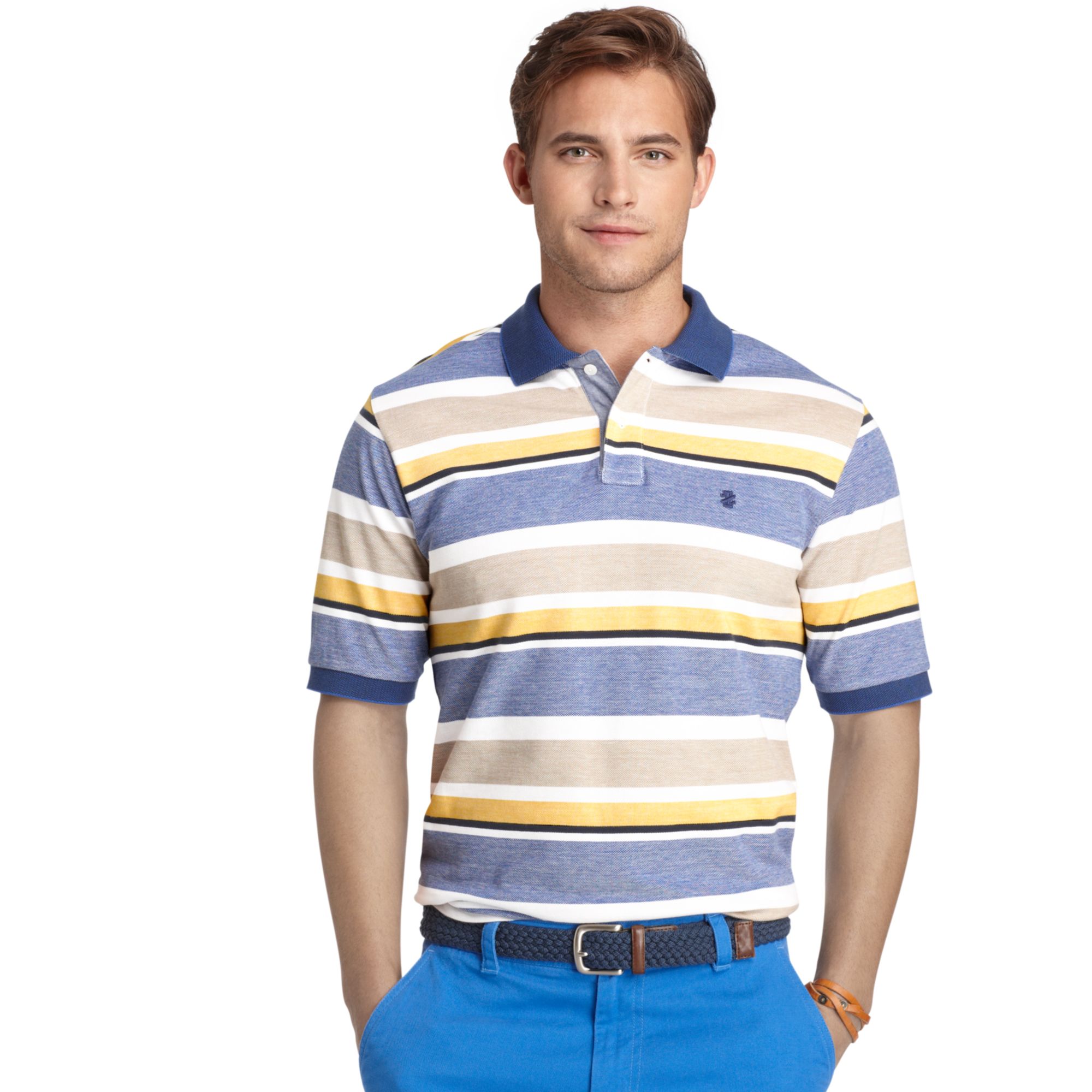 Izod Multi Stripe Oxford Pique Polo Shirt in Yellow for Men (Cedarwood ...