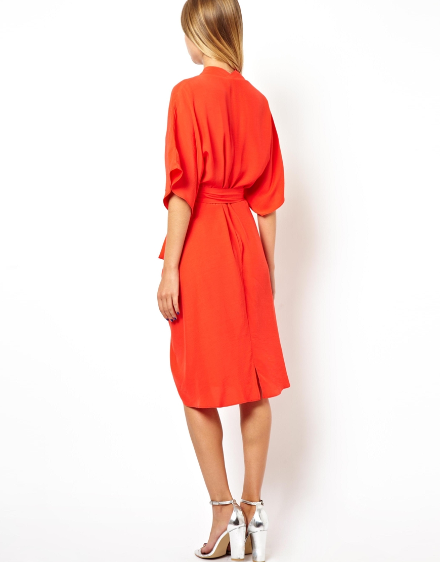 Asos Midi Dress With Kimono Sleeves In Red Lyst