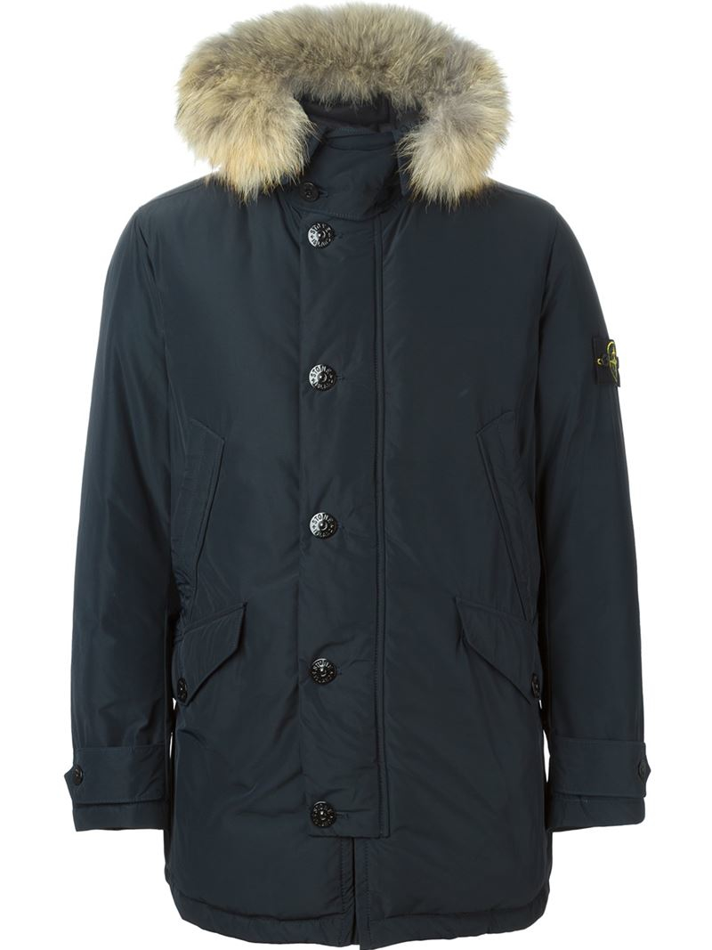 Lyst - Stone Island Faux Fur Trim Hooded Parka in Blue for Men