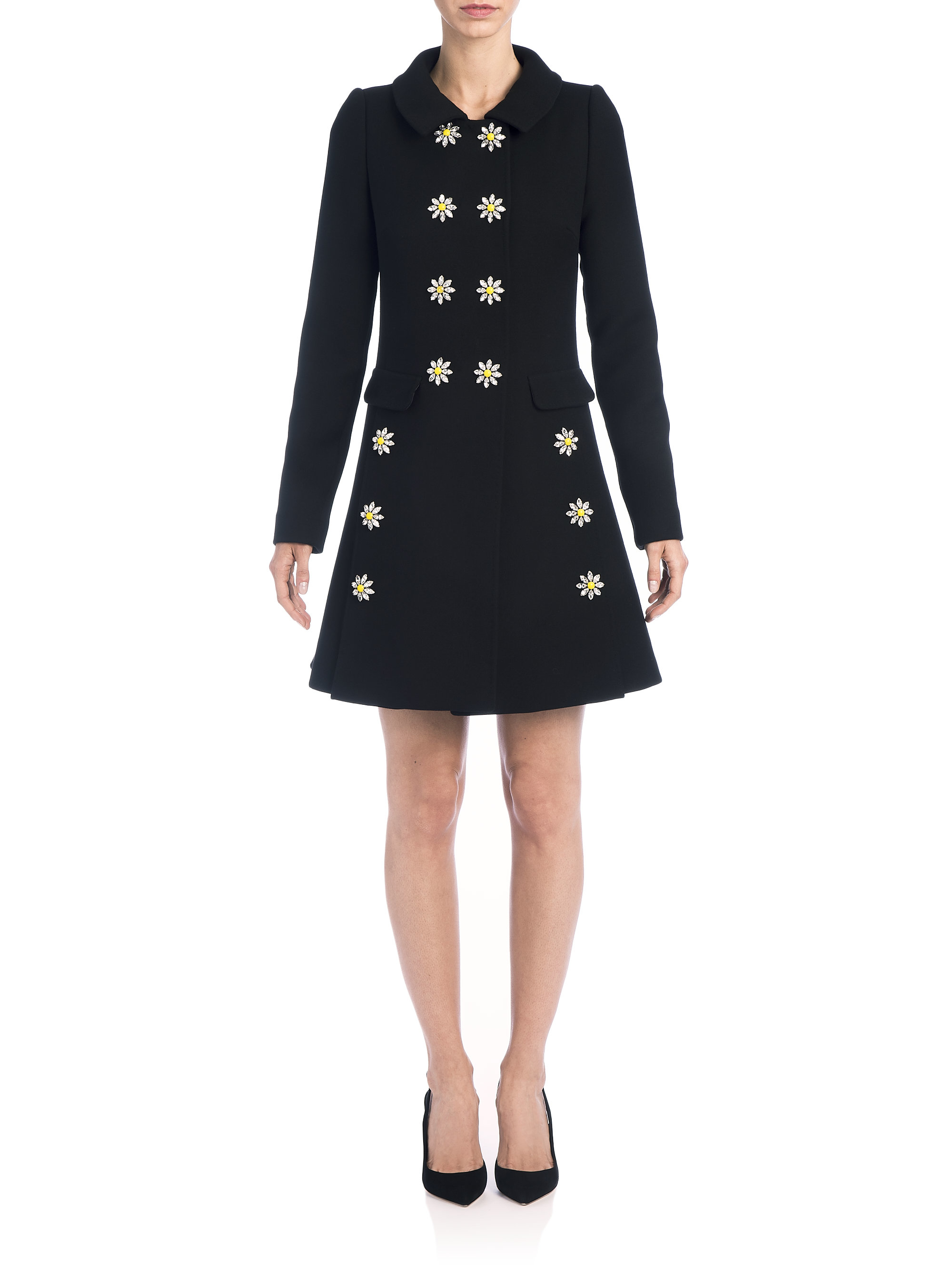 Dolce & gabbana Embellished-daisy Double-breasted Coat in Black | Lyst