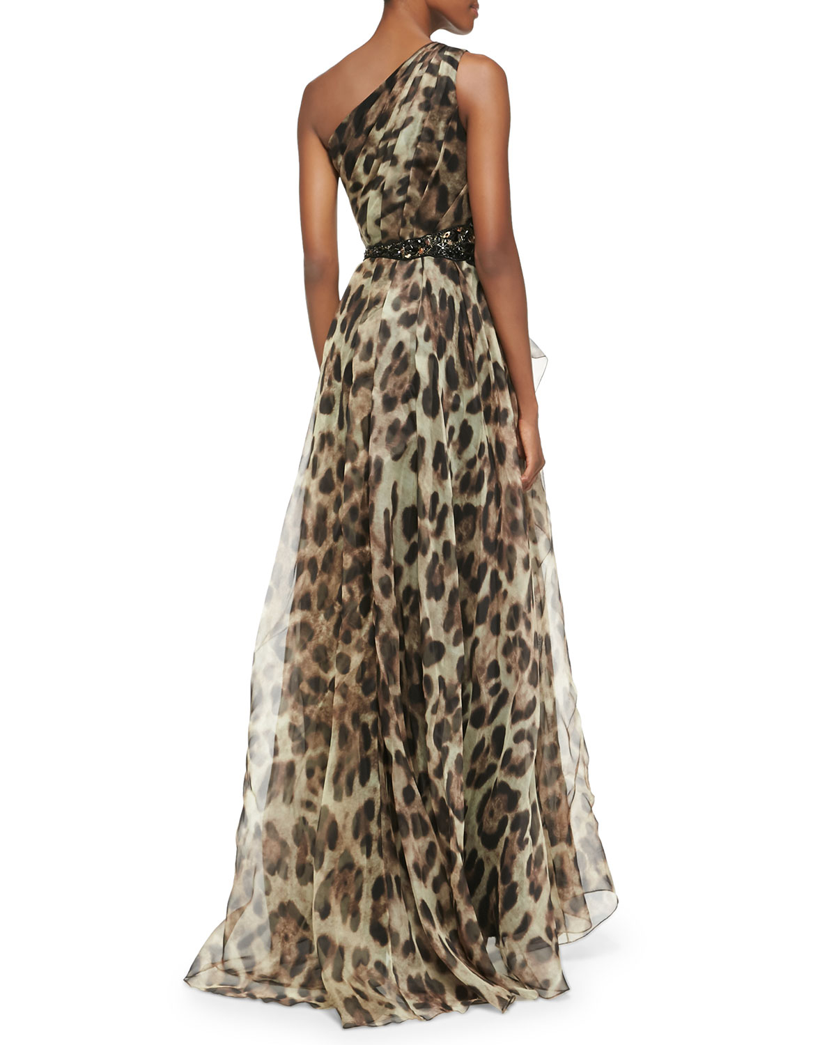 Badgley mischka OneShoulder LeopardPrint Gown in Animal (leopard) Lyst