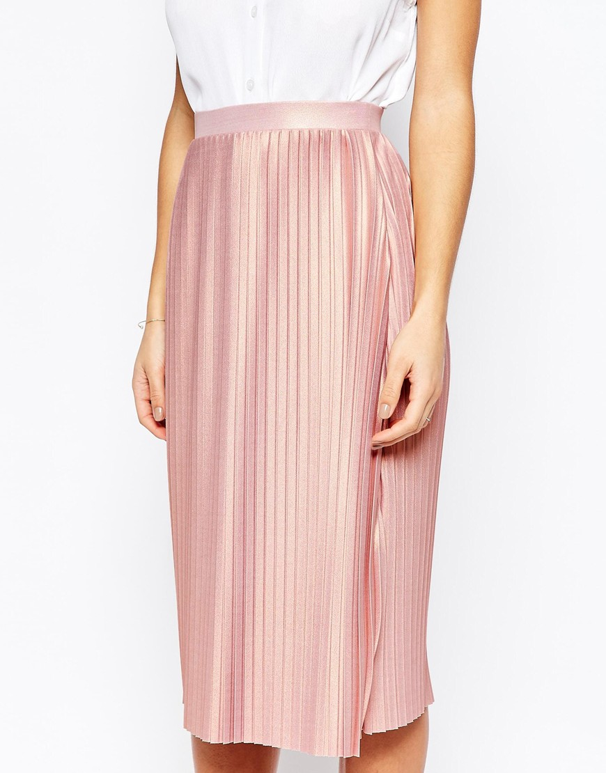 Lyst Asos Pleated Midi Skirt With Metallic Foil In Pink 