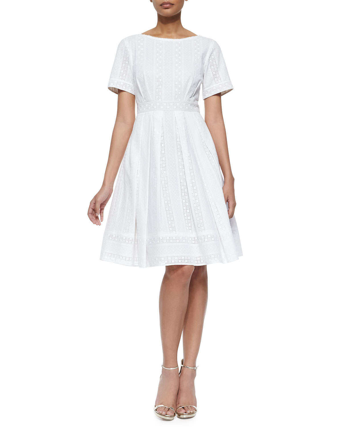 Lyst - Kay Unger Short-sleeve Lace-detail Fit & Flare Dress in White