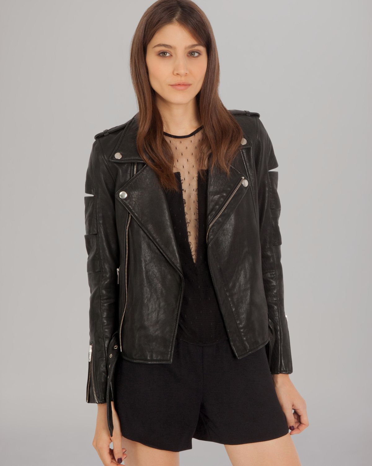 Lyst Maje Jacket Slashed Leather Biker In Black Gallery