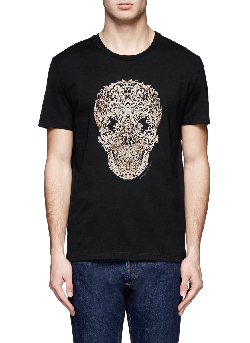 Lyst - Alexander Mcqueen Lace Skull Print Short Sleeve T-shirt in Black ...