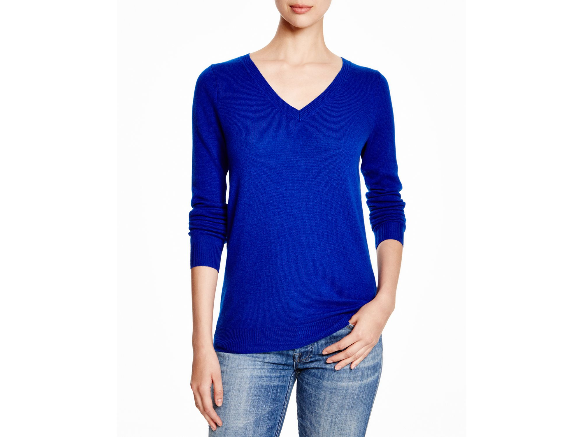 blue v neck cashmere sweater