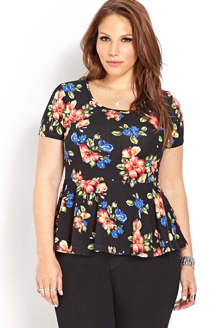 Floral peplum top A charming top featuring an open tie font, Japanese-inspired black-and-white vector floral patterns, and three-quarter length bell sleeves. Subtle peplum waist. Finished seams.