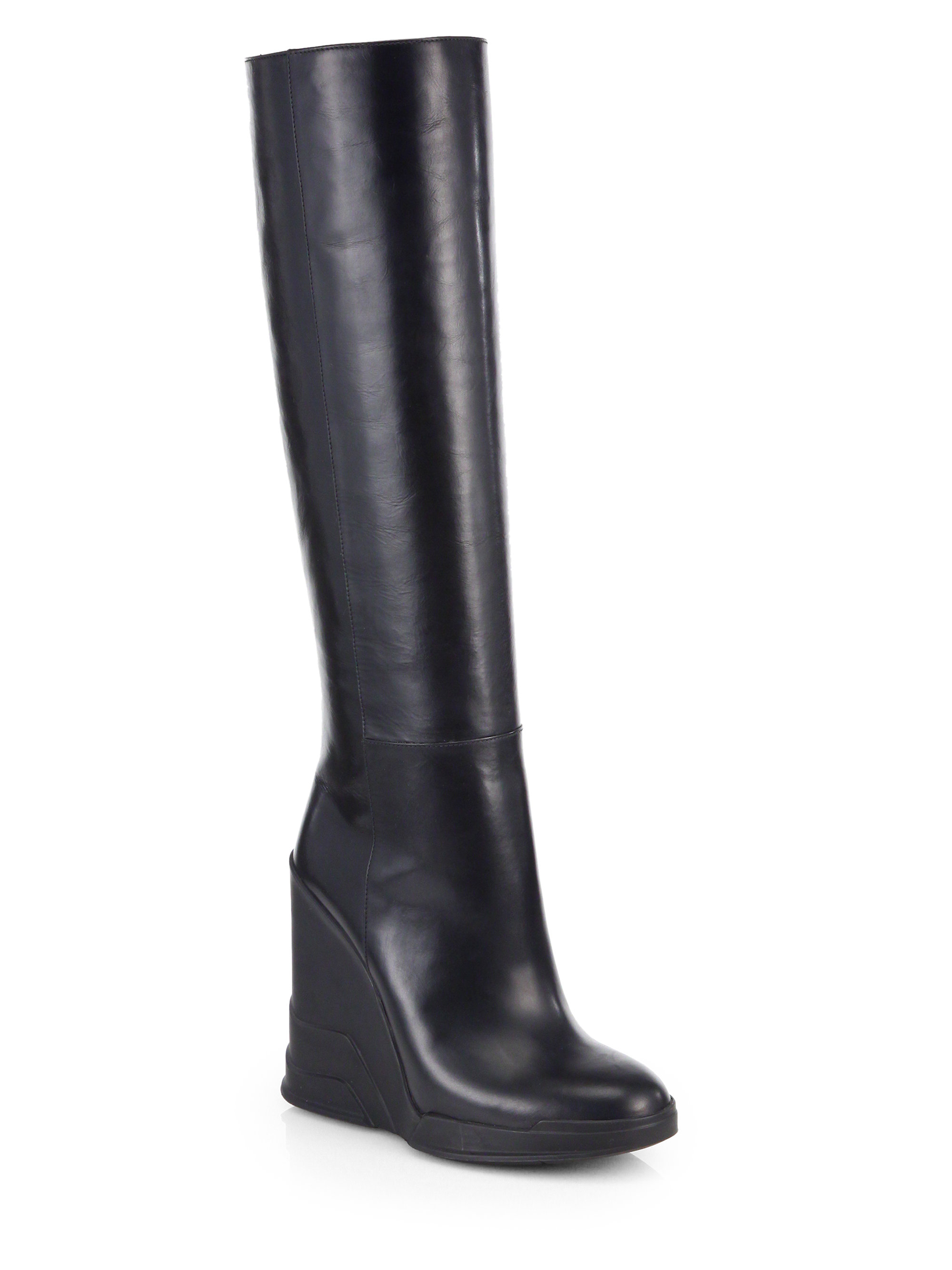 Prada Leather Knee-High Wedge Boots in Black | Lyst