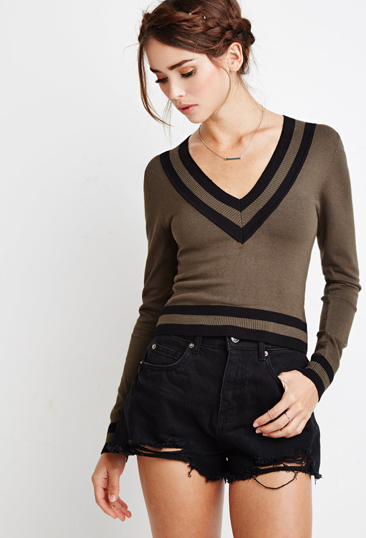 Lyst - Forever 21 Varsity-striped Crop Sweater in Black