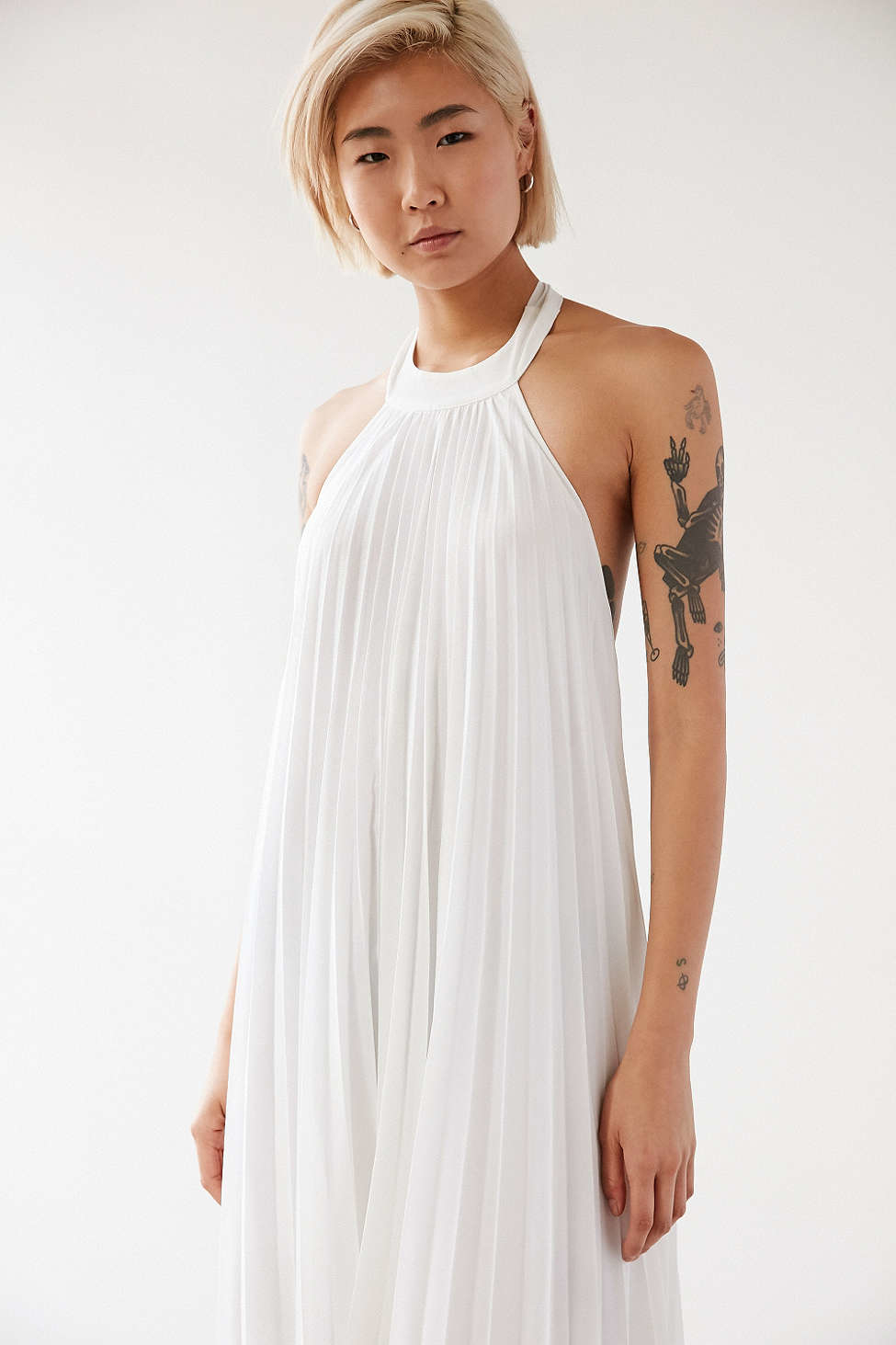 white pleated halter dress