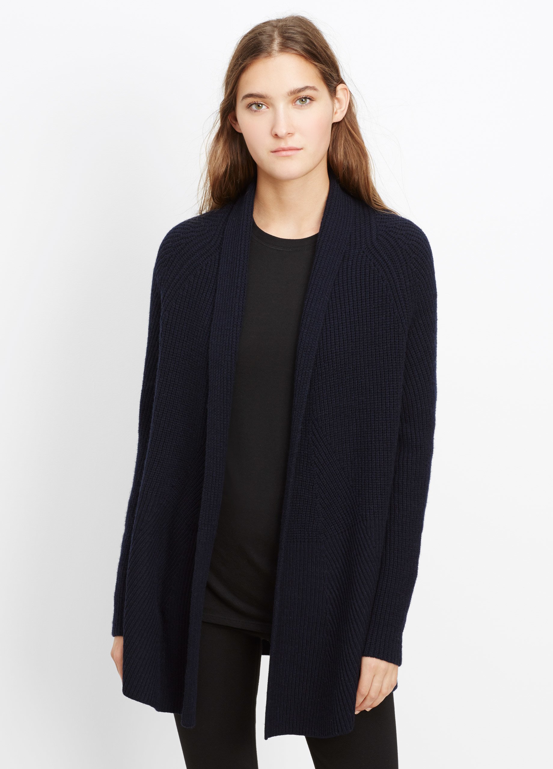 Vince Wool Cashmere Directional Rib Open Front Cardigan in Blue | Lyst