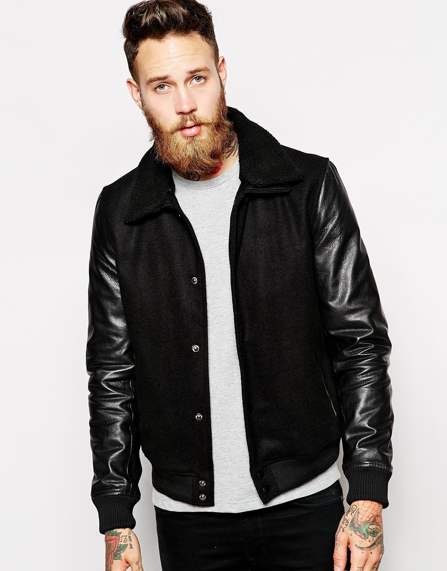 Lyst Asos Wool Pilot Jacket With Leather Sleeves In Black For Men Gallery Men S Seerer Jackets