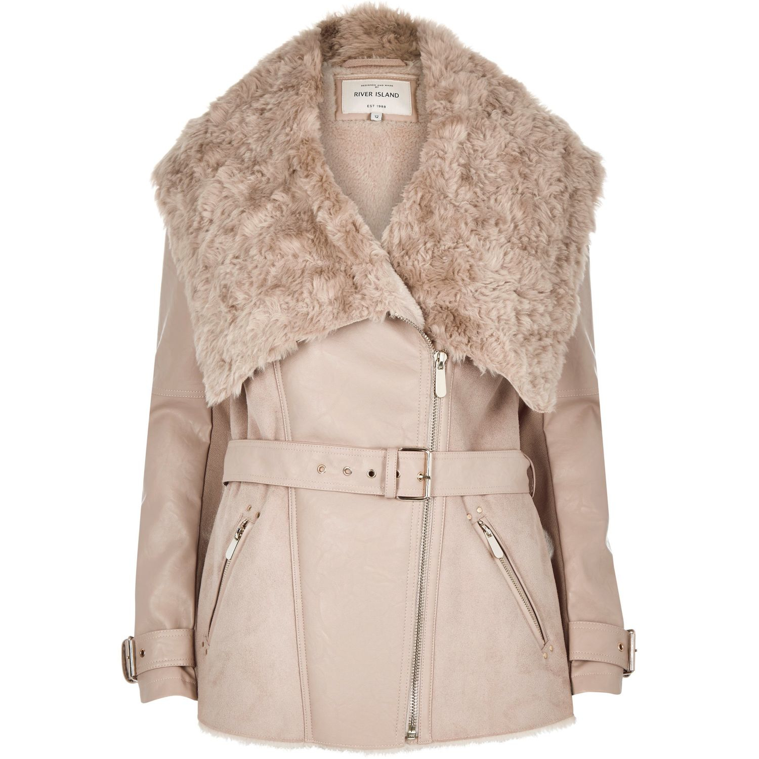 River island Taupe Leather-look Belted Faux Fur Coat in Brown | Lyst