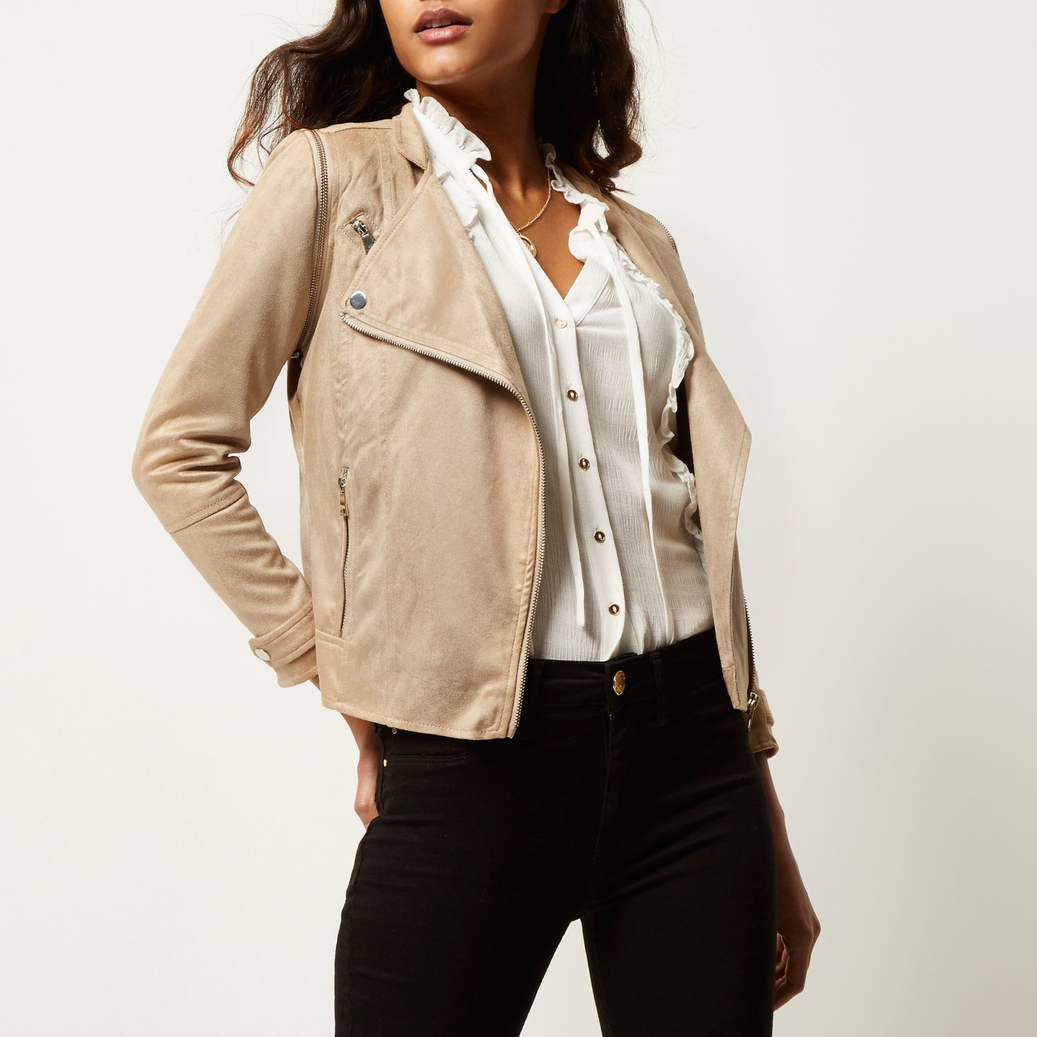 Lyst River Island Faux Suede Biker Jacket In Natural Gallery