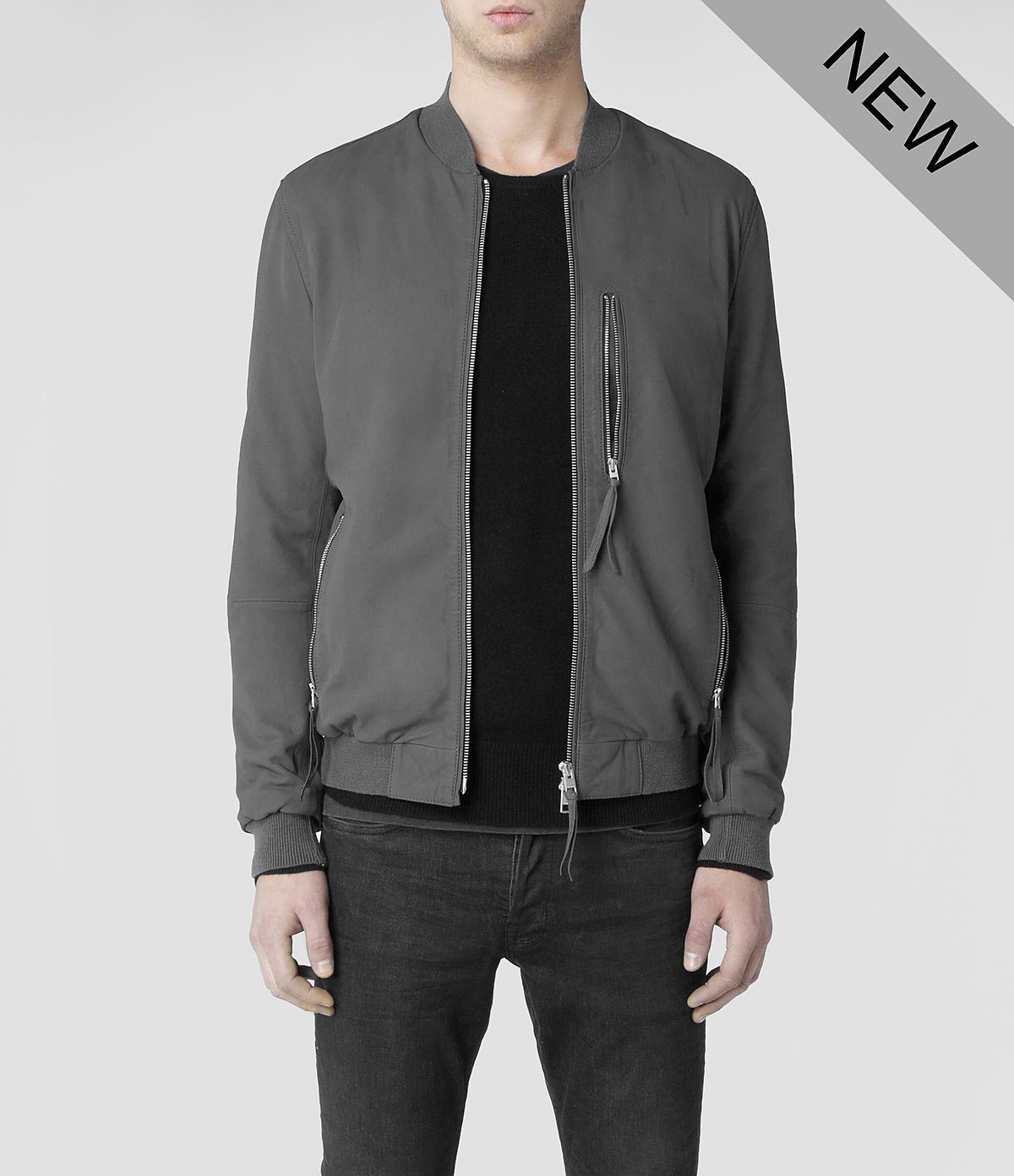 AllSaints Sonar Leather Bomber Jacket in Gray for Men - Lyst