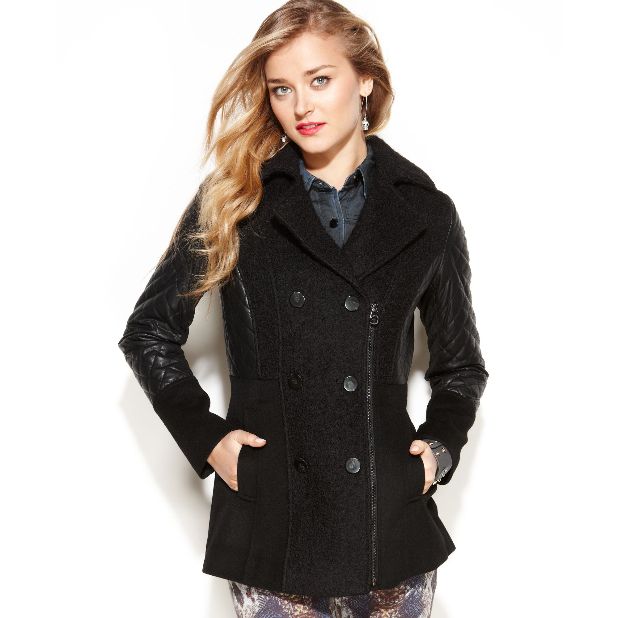 Laundry by shelli segal Double breasted Mixed media Quilted Pea Coat in Black Lyst